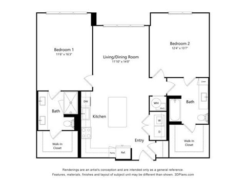 Floor plan for 2 beds, 2 baths, 1190 sqft